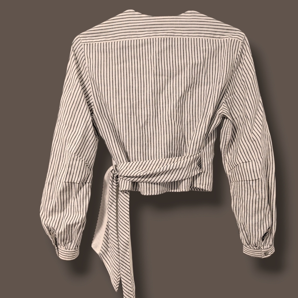 Rag & Bone Grey Striped Cotton Linen V-Neck Long Sleeve Cropped Wrap Blouse - Picture 2 of 9